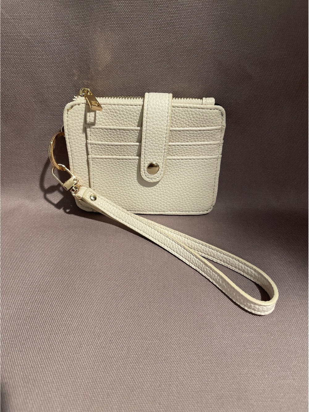 Off White Faux Leather Wallet Wristlet ID Card Holder Zip Gold Tone New